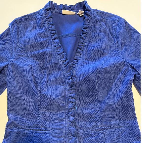 Chicos, 0, Royal Blue textured, V-neck Button Ruffled Jacket - Picture 2 of 11